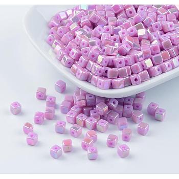 Eco-Friendly Poly Styrene Acrylic Beads, AB color, Cube, Orchid, 4x4mm, Hole: 1mm, about 8000pcs/500g