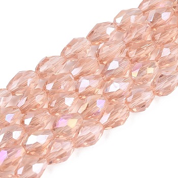 Transparent Electroplate Glass Beads Strands, AB Color Plated, Faceted, Teardrop, Dark Salmon, 5~6x4mm, Hole: 0.9mm, about 65~67pcs/strand, 15.35~16.4''(39~41cm)
