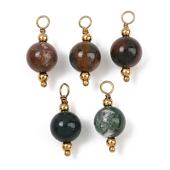 Natural Indian Agate Pendants, Round Charms, with 304 Stainless Steel Findings, Real 18K Gold Plated, Ion Plating(IP), 19.5~20x8~8.5mm, Hole: 3mm
