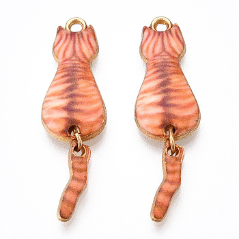 Painted Alloy Pendants, Cat Charm, Cadmium Free & Nickel Free & Lead Free, Golden, Sandy Brown, 34x10x2.4mm, Hole: 1.5mm
