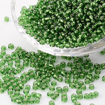 (Repacking Service Available) 8/0  Glass Seed Beads, Silver Lined Round Hole, Round, Goreen, 3mm, Hole: 1mm, about 12G/bag