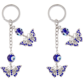 2Pcs Alloy Rhinestone Butterfly Pendant Keychain, Blue Evil Eey Glass Beads Keychain, for Bag Car Key Decoration, Antique Silver & Platinum, 135.5mm