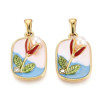 304 Stainless Steel Rhinestone & Enamel & ABS Imitation Pearl Pendants, Rectangle & Flower, Golden, Colorful, 26~26.5x17.5x8mm, Hole: 7.5x2.5mm