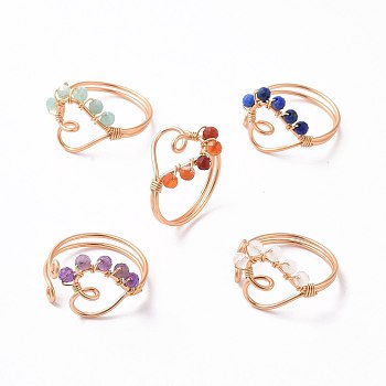 Heart Natural Mixed Stone Braided Bead Finger Rings, Light Gold Tone Copper Wire Wrapped Jewelry for Women, 2.5mm, Inner Diameter: 19.5mm
