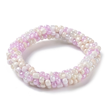 Crochet Glass Beads Braided Stretch Bracelet, Nepel Boho Style Bracelet, Lavender Blush, Inner Diameter: 1-3/4 inch(4.5cm)