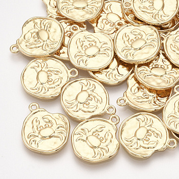 Brass Pendants, Flat Round with Constellations, Real 18K Gold Plated, Cancer, 16x14x1~1.5mm, Hole: 1mm