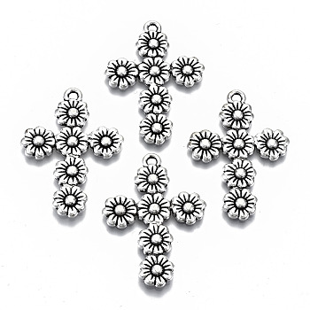 Tibetan Style Alloy Pendants, Cross with Flower, Cadmium Free & Lead Free, Antique Silver, 37x26x2mm, Hole: 1.8mm, about 300pcs/1000g