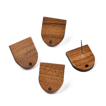Walnut Wood Stud Earring Findings, with Hole and 304 Stainless Steel Pin, Half Oval, Peru, 17x14.5mm, Hole: 1.8mm, Pin: 0.7mm