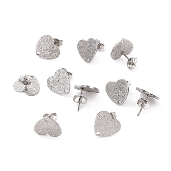 304 Stainless Steel Stud Earring Findings, with Ear Nuts, Textured Heart, Stainless Steel Color, 12x13mm, Hole: 1.5mm, Pin: 0.7mm