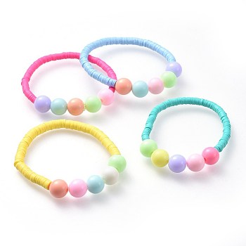Kids Stretch Bracelets, with Polymer Clay Heishi Beads and Solid Chunky Bubblegum Acrylic Ball Beads, Mixed Color, 1-3/4 inch(4.5cm)