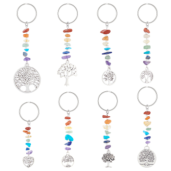 Tibetan Style Alloy Tree of Life Keychains, with Chakra Gemstone Chips and Iron Split Key Rings, 8.5~10.5cm