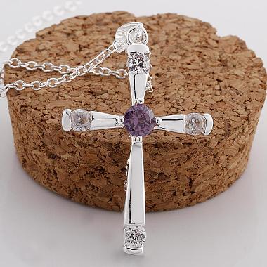 Silver Color Plated Brass Cubic Zirconia Cross Pendant Necklaces(NJEW-BB09493)-2