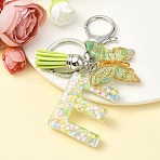 Resin & Acrylic Keychain, with Faux Suede Tassel Pendant & Alloy Findings, Letter E, 9.5cm(KEYC-YW00122-05)