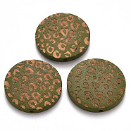 Painted Natural Wood Beads, Laser Engraved Pattern, Flat Round with Leopard Print, Olive, 30x5mm, Hole: 1.6mm(X-WOOD-N006-07B)