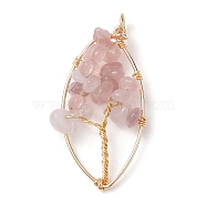 Natural Rose Quartz Chip Pendants, Golden Plated Brass Leaf Charms, 35~37x17~19x4.5~6.5mm, Hole: 3.3mm(PALLOY-JF02596-04)
