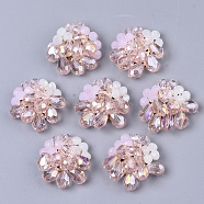 Handmade Woven Glass Cabochons, with Faceted Glass Beads and Light Gold Plated Brass Perforated Disc Settings, Flower, Pearl Pink, 23~25x23~25x8~10mm(FIND-N050-10E)