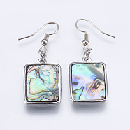 Abalone Shell/Paua Shell Dangle Stud Earrings, with Brass Findings, Rectangle, Platinum, 47mm, Pin: 0.7mm(EJEW-F147-A09)