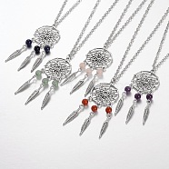 Iron Pendant Necklaces, with Alloy Leaf Findings and Natural Gemstone, 18.1 inch(X-NJEW-JN01342)