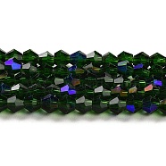 Transparent Electroplate Glass Beads Strands, AB Color Plated, Faceted, Bicone, Dark Green, 4x4mm, Hole: 0.8mm, about 87~98pcs/strand, 12.76~14.61 inch(32.4~37.1cm)(GLAA-F029-4mm-D25)
