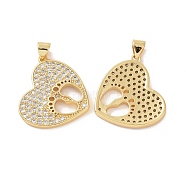 Brass Micro Pave Cubic Zirconia Pendants, Heart with Hollow Footprint Charm, Real 18K Gold Plated, 24.5x20.5x2.5mm, Hole: 3.5x4mm(ZIRC-I063-26G)