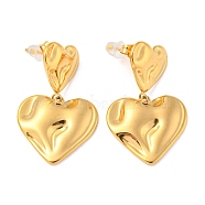 304 Stainless Steel Dangle Stud Earrings, Textured Heart, Golden, 31x19.5mm(EJEW-P253-01G)