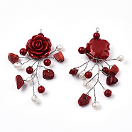 Synthetic Stone Big Pendants, with Platinum Plated Brass and Pearl Beads, Flower, Dyed, Dark Red, 60~65x43~56x10~12mm, Hole: 0.5~1.2mm(G-N339-01B)