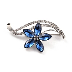 Flower Alloy Rhinestone Brooch, Exquisite Lapel Pin for Girl Women, Platinum, Aquamarine, 32x51x6.5mm, Pin: 0.8mm(JEWB-O009-15)