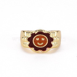 Alloy Enamel Wide Band Rings, Cadmium Free & Lead Free, Light Gold, Textured, Flower with Smiling Face, Chocolate, US Size 7 3/4(17.9mm)(RJEW-N034-007E-RS)