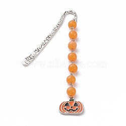 Tibetan Style Alloy Bookmarks for Halloween's Day, with Alloy Enamel Pumpkin Jack-O'-Lantern Pendants and Imitation Gemstone Acrylic Beads, Antique Silver, Light Salmon, 80x6.5x2.5mm(AJEW-JK00163)