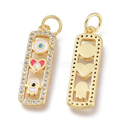 Brass Micro Pave Clear Cubic Zirconia Pendants, with Enamel & Jump Rings, Long-Lasting Plated, Rectangle with Hamsa Hand & Heart & Round, Real 18K Gold Plated, 22.5x6.5x2mm, Jump Ring: 5x0.7mm, Hole: 3.6mm(ZIRC-Q023-08G)