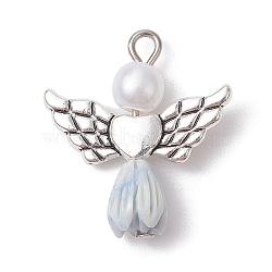 Resin Imitation Pearl Pendants, Rose Angel Charms with Antique Silver Plated Alloy Heart Wings, Gainsboro, 23.5~24x21.5x7mm, Hole: 1.8~2.2mm(PALLOY-JF02566-02)