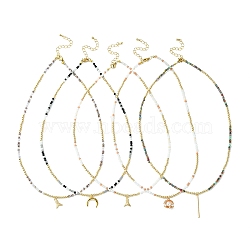 Pendant Necklaces, with Brass Beads, Glass Beads and 304 Stainless Steel Lobster Claw Clasps, Mixed Shapes, Golden, Mixed Color, 17.91 inch(45.5cm)(NJEW-JN03073)