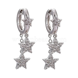 Brass Micro Pave Clear Cubic Zirconia Huggie Hoop Earrings, Long-Lasting Plated, Star, Real Platinum Plated, 32.5mm, Pin: 0.9mm(EJEW-K083-43P)