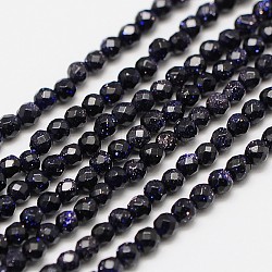 Synthetic Blue Goldstone Beads Strands, Faceted Round, 3mm, Hole: 0.8mm, about 136pcs/strand, 16 inch(G-A129-3mm-G03)