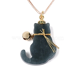 Natural Myanmar Jade Cat Pendant Adjustable Cord Necklaces, with Brass Pave Cubic Zirconia & Iron Bells, Golden, 15.75 inch(40cm)~16.14 inch(41cm)(NJEW-N064-01)