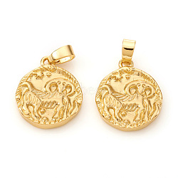 Brass Pendants, Textured, Flat Round with Constellation/Zodiac Sign, Real 18K Gold Plated, Aries, 16.5x14x2mm, Hole: 5x2.5mm(KK-I672-33J)