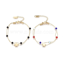 304 Stainless Steel Multi-strand Bracelets, with Faceted Glass Beads, Coreana Chains and Lobster Claw Clasps, Star, Mixed Color, 6-3/8 inch(16.2cm)(BJEW-K219-05)