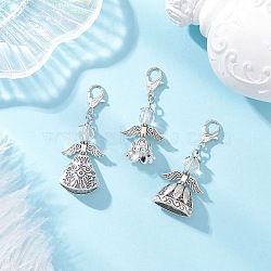3Pcs Tibetan Style Alloy & Glass Angel Pendant Decorations, with Lobster Claw Clasps, Antique Silver & Platinum, 48~54mm(HJEW-JM03959)