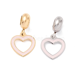304 Stainless Steel European Dangle Charms, Large Hole Pendants, with Enamel, Golden & Stainless Steel Color, Heart, Pink, 21.5mm, Hole: 4.5mm(STAS-I192-14-03)