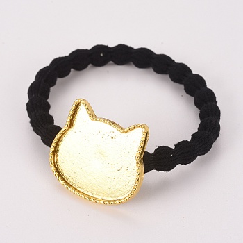 Elastic Kitten Hair Ties, Ponytail Holder, with Zinc Alloy Cabochon Settings, For DIY Epoxy Resin, Cat Silhouette  Shape, Light Gold, Tray: 20x24.5mm, 43mm