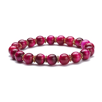 Natural Tiger Eye Round Beads Stretch Bracelet, Stone Bracelet with Alloy Daisy Spacer Beads for Women, Golden, Medium Violet Red, Inner Diameter: 2 inch(5.2cm)