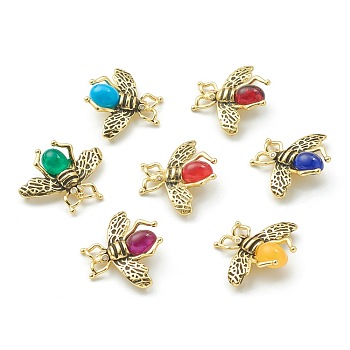 Brass Micro Pave Cubic Zirconia Links Connectors, with Mixed Color Glass, Bees, Golden, Clear, 26x32x6mm, Hole: 3x2mm