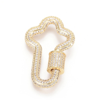 Brass Micro Pave Clear Cubic Zirconia Screw Carabiner Lock Charms, for Necklaces Making, Key, Golden, 35.5x22.5x7.5mm