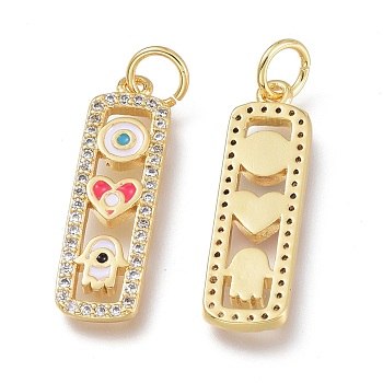 Brass Micro Pave Clear Cubic Zirconia Pendants, with Enamel & Jump Rings, Long-Lasting Plated, Rectangle with Hamsa Hand & Heart & Round, Real 18K Gold Plated, 22.5x6.5x2mm, Jump Ring: 5x0.7mm, Hole: 3.6mm