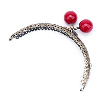 Iron Purse Frames Handles, Kiss Clasp Locks, with Round Acrylic Beads, Arch, Antique Bronze, Dark Red, 71x85x11mm, Hole: 1.5mm, Bead: 20mm