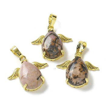 Natural Rhodonite Pendants, Teardrop Charms with Golden Tone Brass Wings, Rack Plating, Cadmium Free & Lead Free, 22.5x24.5x9mm, Hole: 7.5x4.5mm