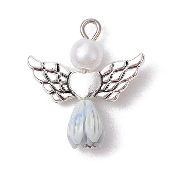 Resin Imitation Pearl Pendants, Rose Angel Charms with Antique Silver Plated Alloy Heart Wings, Gainsboro, 23.5~24x21.5x7mm, Hole: 1.8~2.2mm