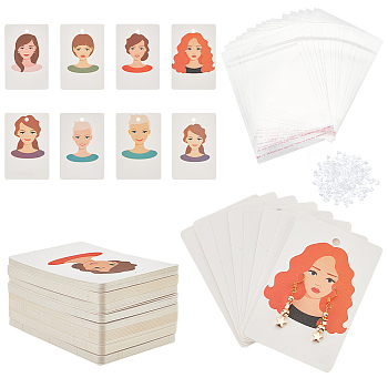 Elite 112Pcs Rectangle with Girl Pattern Paper Earring Display Cards, with 112Pcs OPP Cellophane Bags, 230Pcs Plastic Ear Nuts, for DIY Earring Display Holder, Mixed Color, Cards: 9x6x0.03cm, Hole: 5mm and 1mm