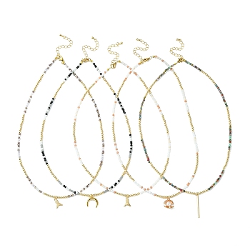 Pendant Necklaces, with Brass Beads, Glass Beads and 304 Stainless Steel Lobster Claw Clasps, Mixed Shapes, Golden, Mixed Color, 17.91 inch(45.5cm)