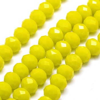 Opaque Solid Color Crystal Glass Rondelle Beads Strands, Faceted, Yellow, 10x7mm, Hole: 1mm, about 70pcs/strand, 20 inch